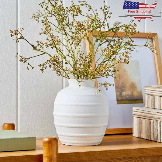 Textured Ribbed Ceramic Flower Vase 8 Inch Indoor Decor Rustic Home Accent Wide Opening Floral Displays