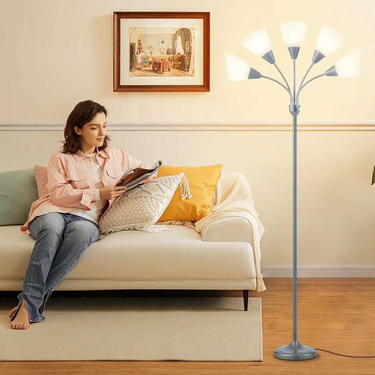 Medusa 5-Head Adjustable Floor Lamp, Large Shade, Silver, E26/A19 Bulb, Living Room Bedroom Reading Light