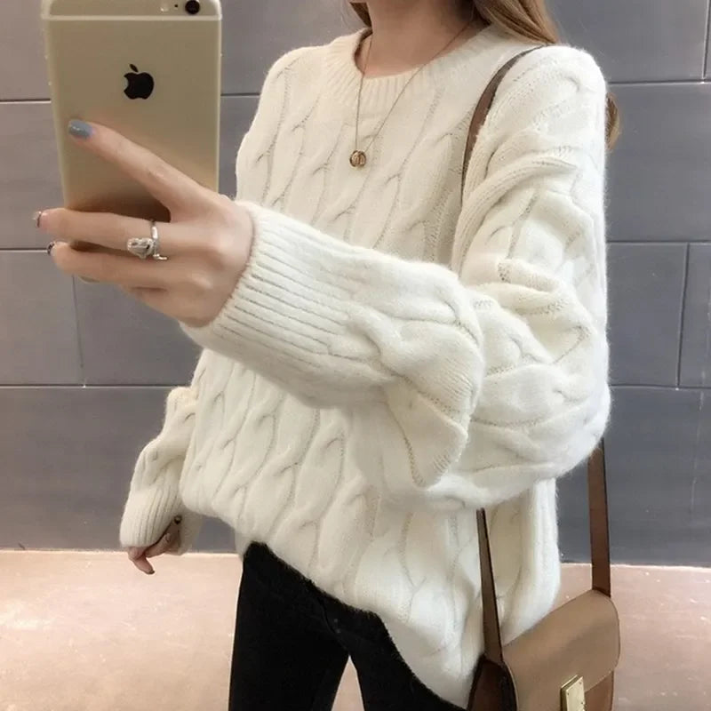 2024 New Harajuku Style Sweater Jacket Women's Sweet Fresh Medium-Length Thickened Winter Loose-Fit Korean Version Round Neck Au