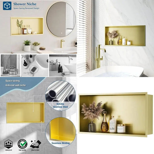 25.1x13.1 Inch Golden Stainless Steel Shower Wall Niche, No Tile Required, Waterproof Recessed Cabinet for Bathroom Storage