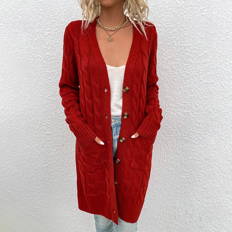 European and American Knitwear Autumn and Winter Long Fried Dough Twists Sweater Women's Button Cardigan