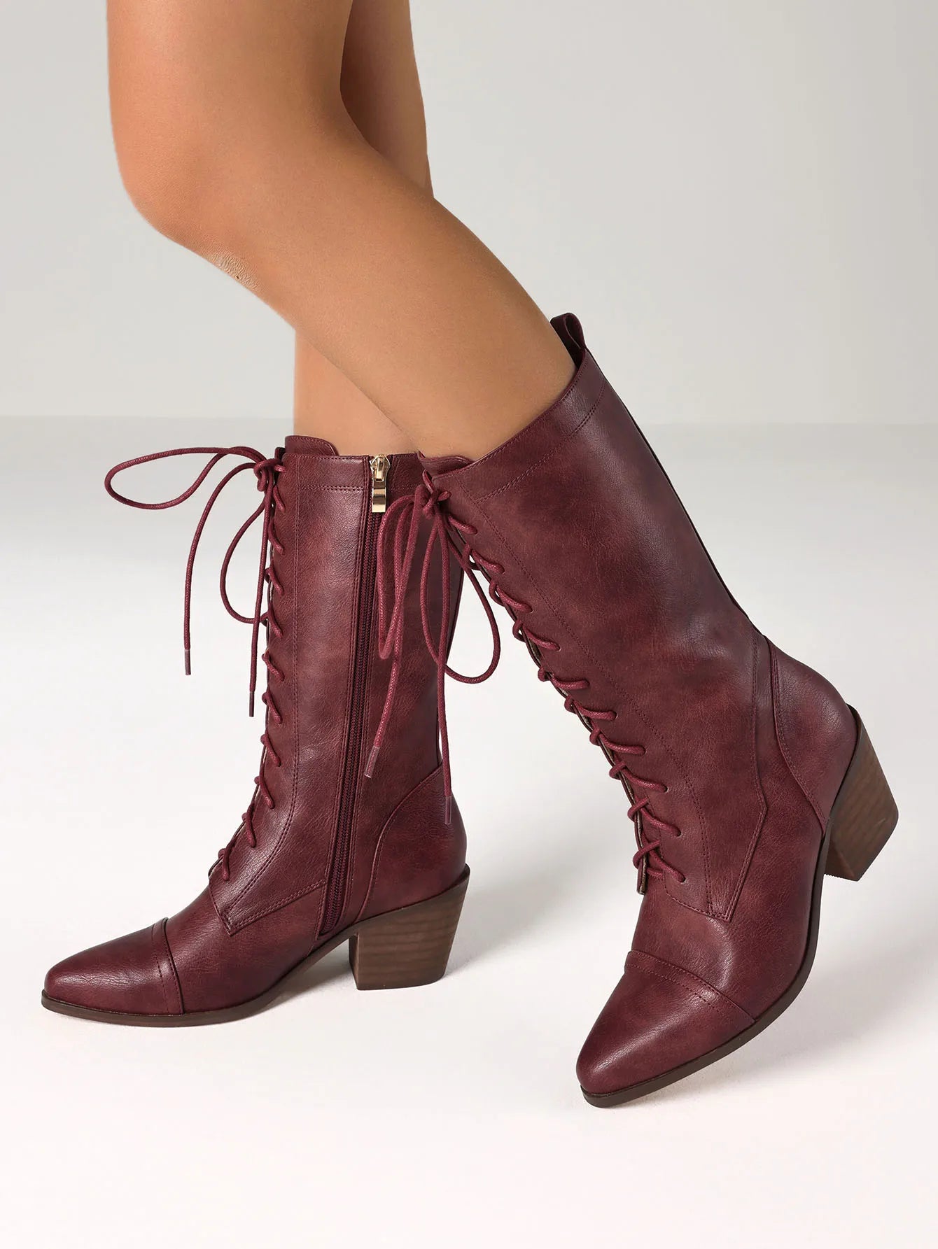 Women's Retro Pointed Toe Boots Fashion Block Chunky Heels Side Zipper Lace-Up Casual Party Dress Fall Vintage Mid Calf Boots Wo