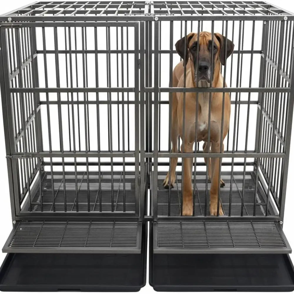 Extra Large Heavy Duty Dog Crate with Wheels, Indestructible Steel Kennel for High Anxiety Dogs, Double Door, Sturdy Locks, and
