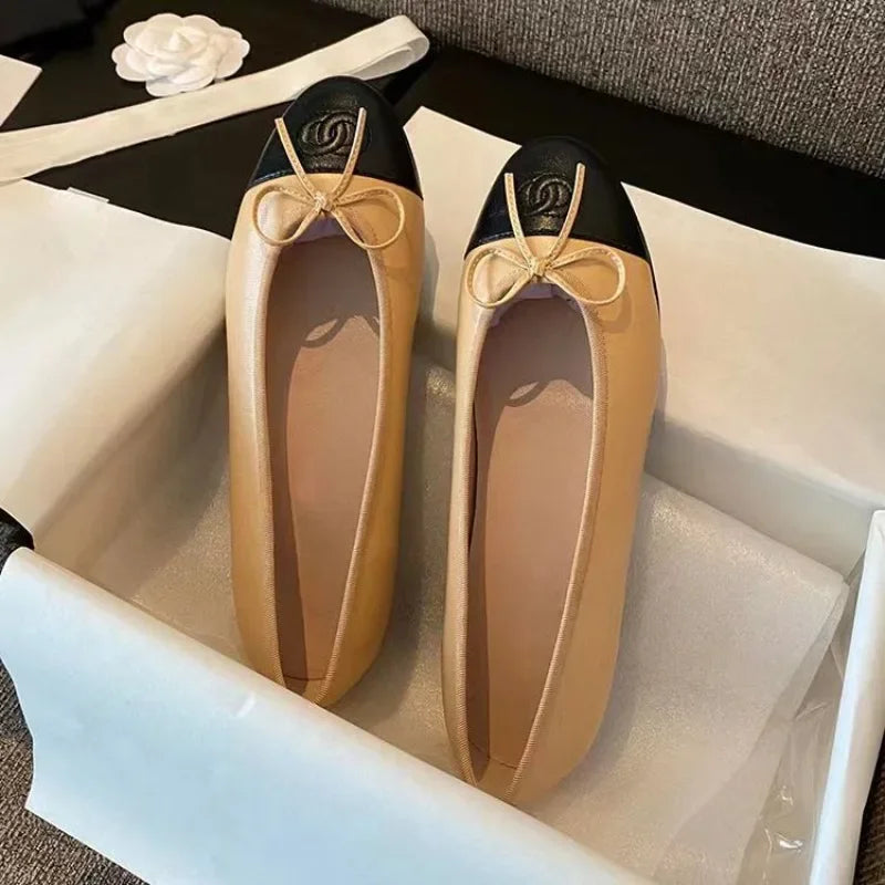 Bowtie Knot Flats Ballet Dance Shoes for Women's Sheepskin Round Toe Shallow Mouth Comfortable Driving Shoe SC2