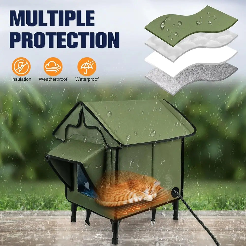 Insulated Outdoor Cat House with Heated Pad, Waterproof Shelter for Indoor/Outdoor Cats, Green Elevated Feral Cat Bed, 21x19.4x1