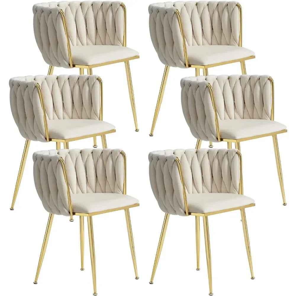 ,Woven Upholstered Chairs Dining Room,Kitchen，Velvet Dining Chairs Set of 6,Modern Dining Chair with Golden Metal Legs