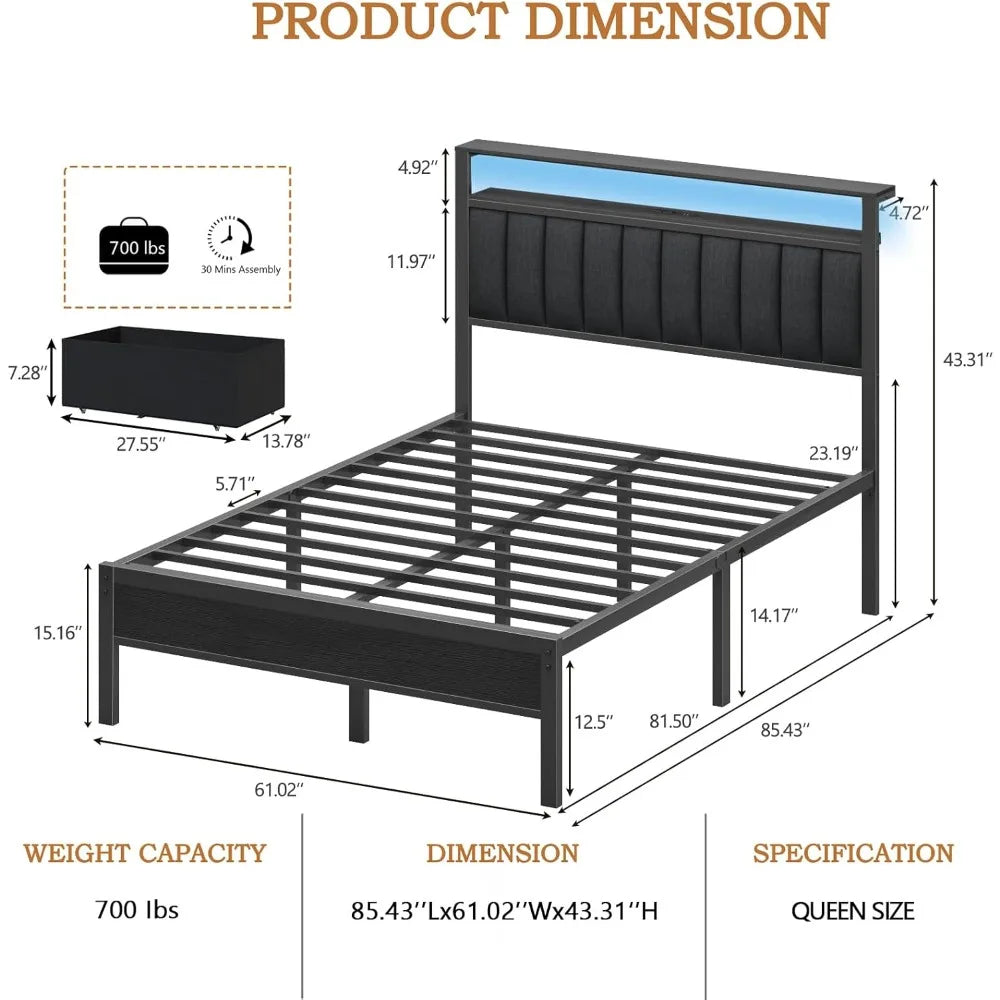 Furnulem Queen Bed Frame with Charging Station and LED Lights, Grey Upholstered Headboard with Shelves, Metal Platform Bed with