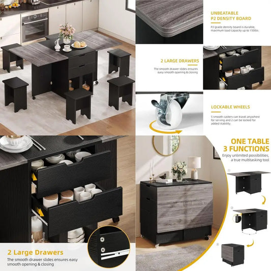 6-person folding dining table set with 7-piece extendable table and 6 chairs, 66.9" drop leaf wooden kitchen dining set