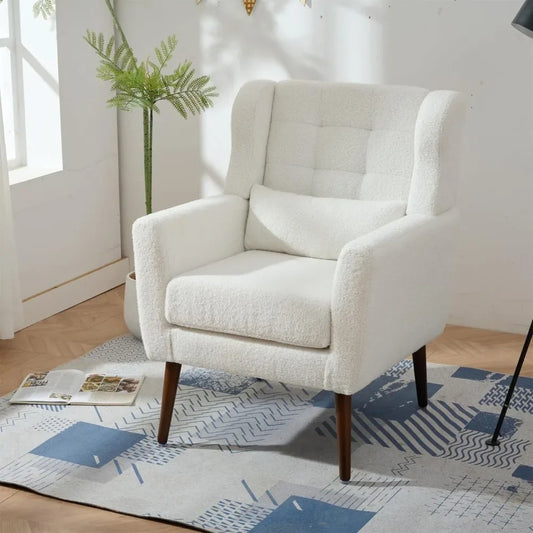 Comfy Upholstered Living Room Chairs with High Tufted Backrest and Pillow, Wingback Reading Chair with Solid Wood