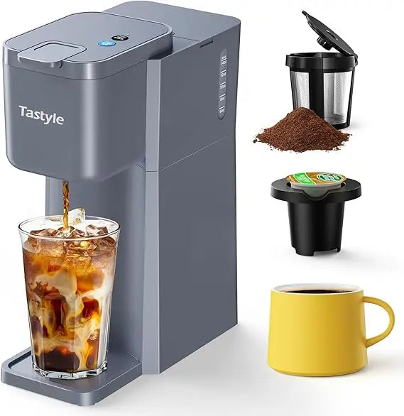 Mini Hot and Iced Coffee Maker Single Serve, for K Cup and Ground, 6 to 14 Oz Brew Sizes, with Recipe Book, for Home, Travel, RV