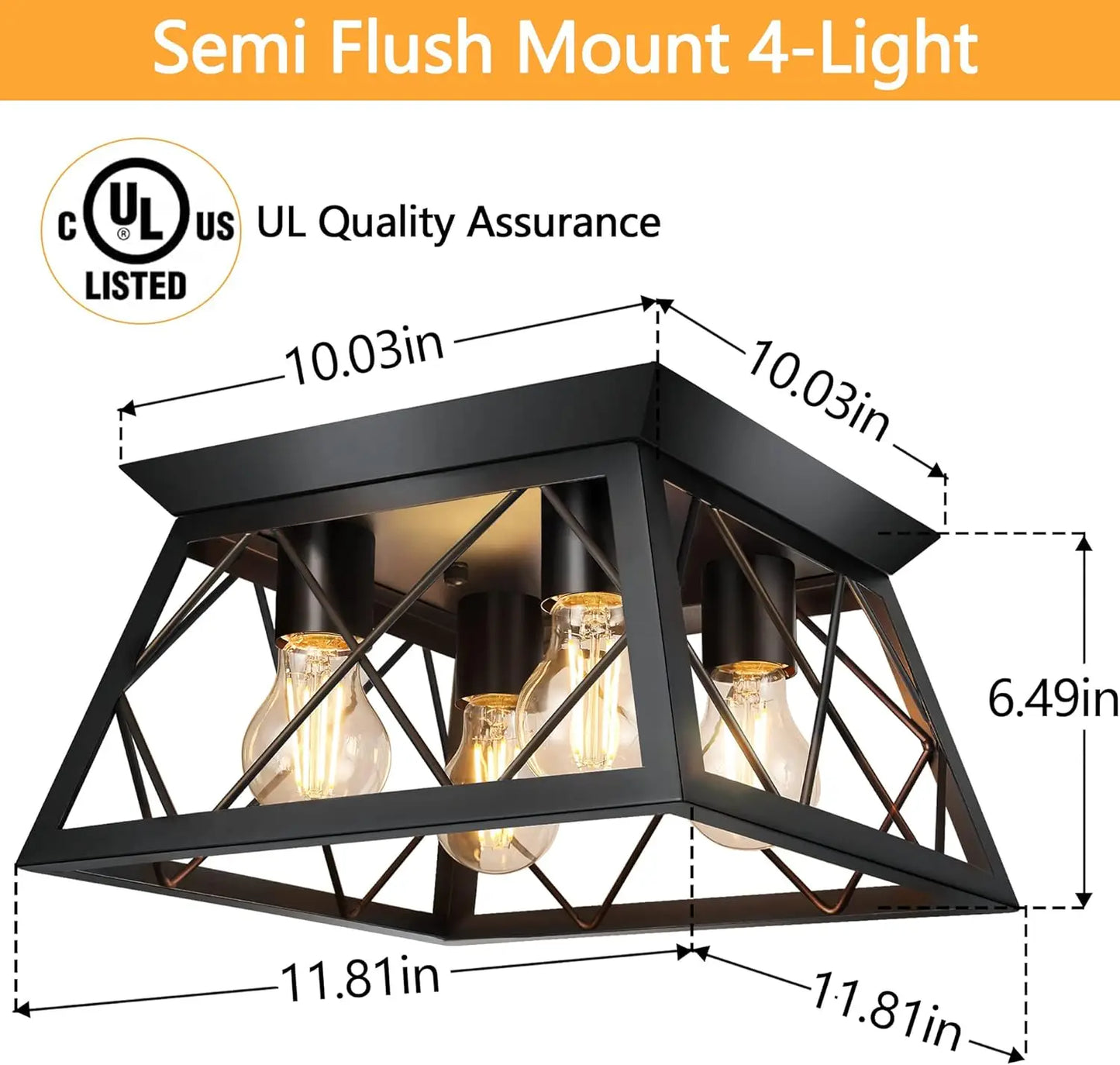 4-Light Black Flush Mount Ceiling Light for Kitchen Hallway, Industrial Close to Ceiling Lighting, Farmhouse Square Ca