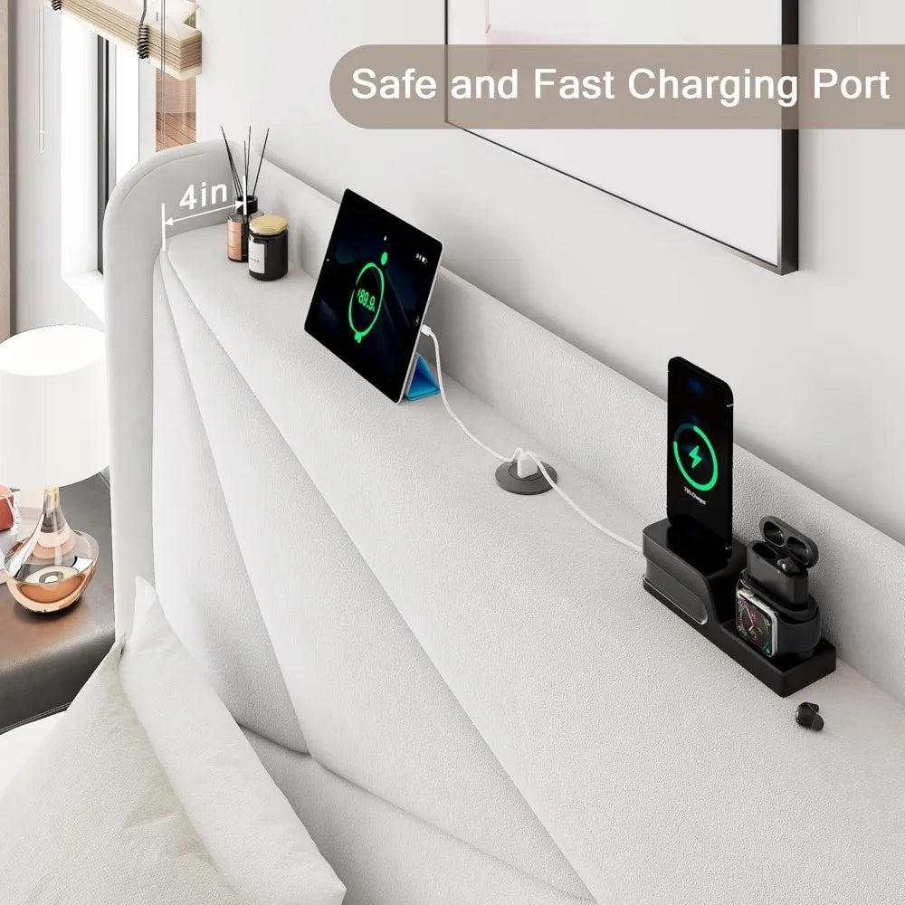 Queen Size Bed Frame with Upholstered Headboard, Storage and Charging Station, Wood Slat Support