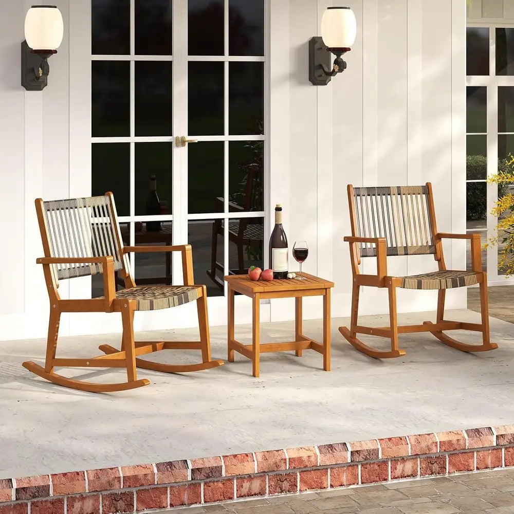 3-Piece Outdoor Patio Rocking Set with PE Rattan Chairs and Acacia Wood Coffee Table for Balcony, Garden, and Poolside