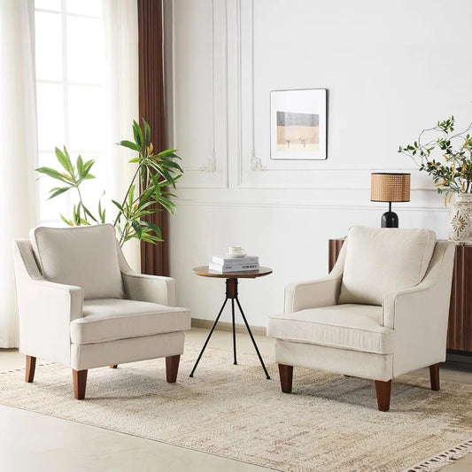 Mid-Century Accent Chairs Set of 2, Beige Upholstered Armchair Comfy Sofa Chairs Reading Chair High Back Living Room Bedroom Fu