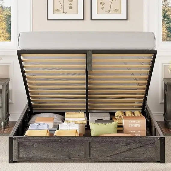 Farmhouse Style Queen Bed Frame with Lift Storage, Wooden Slat Support, Sturdy and Quiet, Easy Assembly