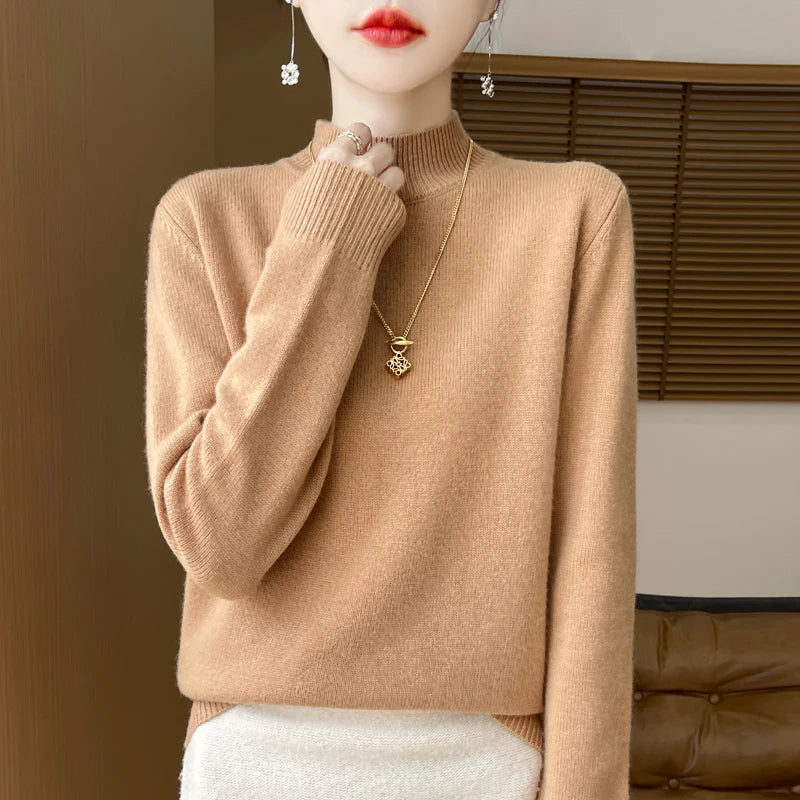 One Line Half Height 100% Andy Velvet Knitted Sweater For Women's Autumn And Winter New Top, Loose Long Sleeved Basic Style GH79