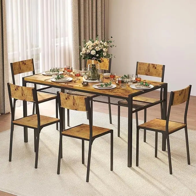 Dining Table Set for 6 with Chairs, 7-Piece Kitchen Table Set for Small Space, Apartment, Kitchen, Dining Room, Space-Saving