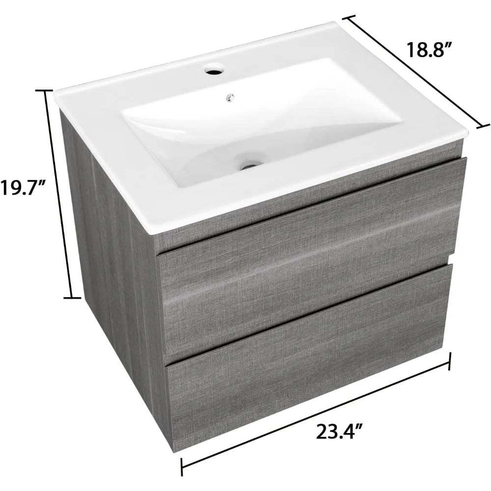 24" Wall Mounted Bathroom Vanity with Sink Grey Floating Vanity Two Drawers Bathroom Cabinet with White Ceramic Integrated Sink
