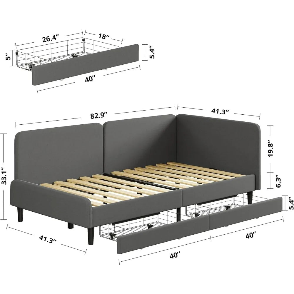 LIKIMIO Twin XL Corner Daybed with Storage Drawers and Headboard, Solid Bed Frame for Bedroom or Guest Room