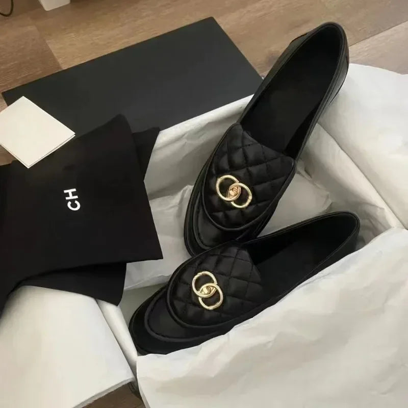 Black Chunky Heel Loafer Shoes For Female Women Autumn New Thick Sole Slip-on Shallow Leather Elegant Fashion Luxury Shoes SC1