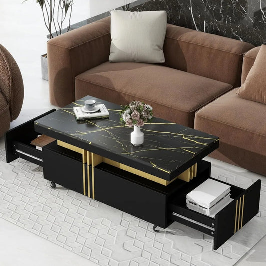 Coffee Table with Faux Marble Top, Modern Center Table with 2 Drawers & Caster Wheels, Contemporary Luxury Cocktail Table with