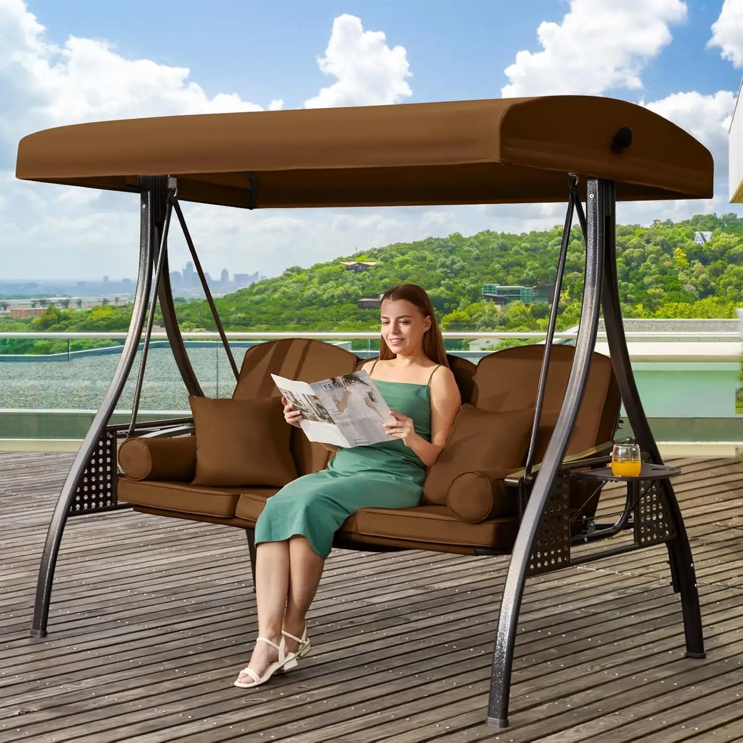 3 in 1 Outdoor Porch Swing with Adjustable Canopy, 3 Seat Outdoor Swing for Adults, Patio Swing Chair with Thickened Cushions