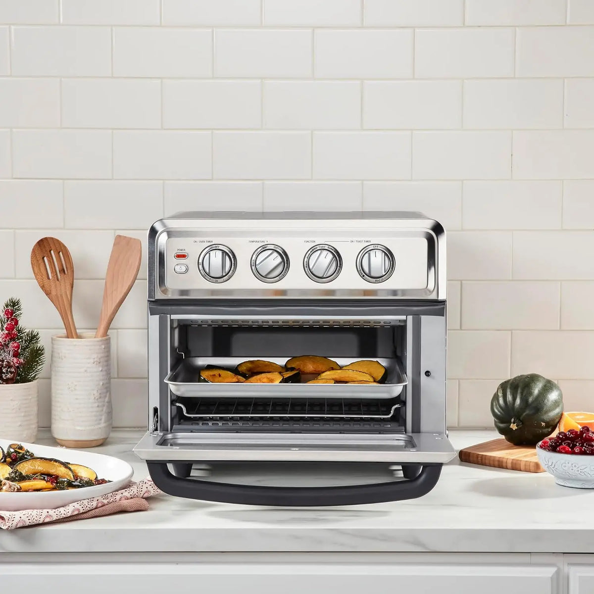 Air Fryer & Convection Toaster Oven, 8-in-1 Stainless Steel, White, with Fruit & Ice Cream Maker Attachment