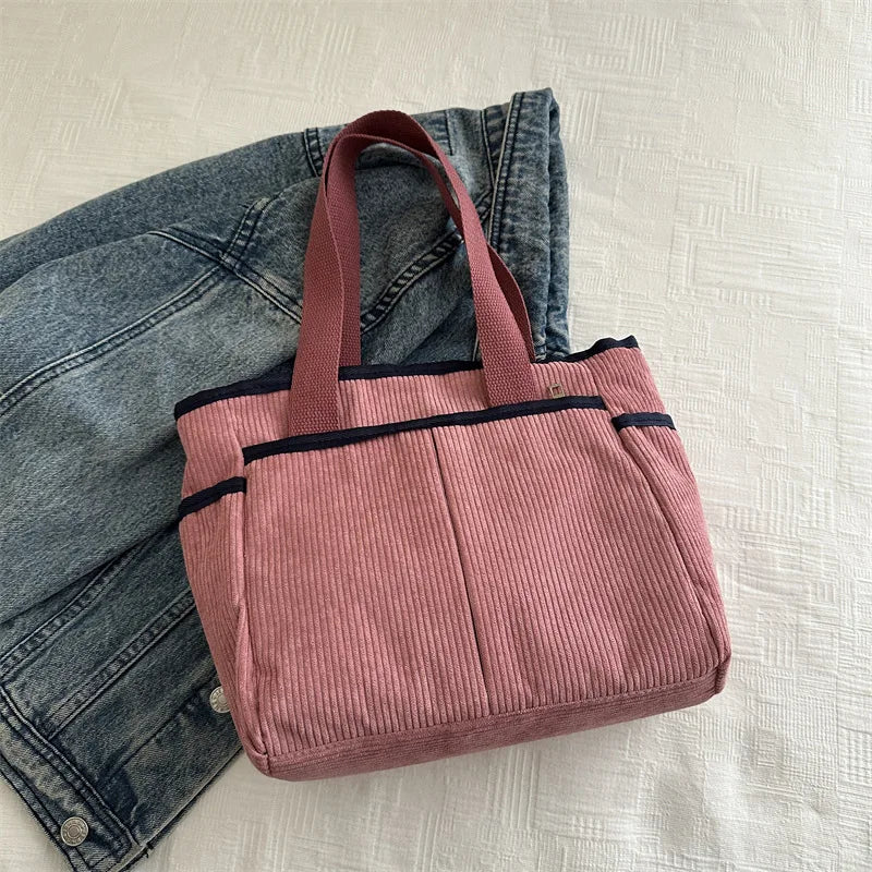 Large Capacity Tote Bags for Women Vintage Corduroy Shoulder Ladies Underarm Bag Casual Shopping Female Handbag with Side Pocket