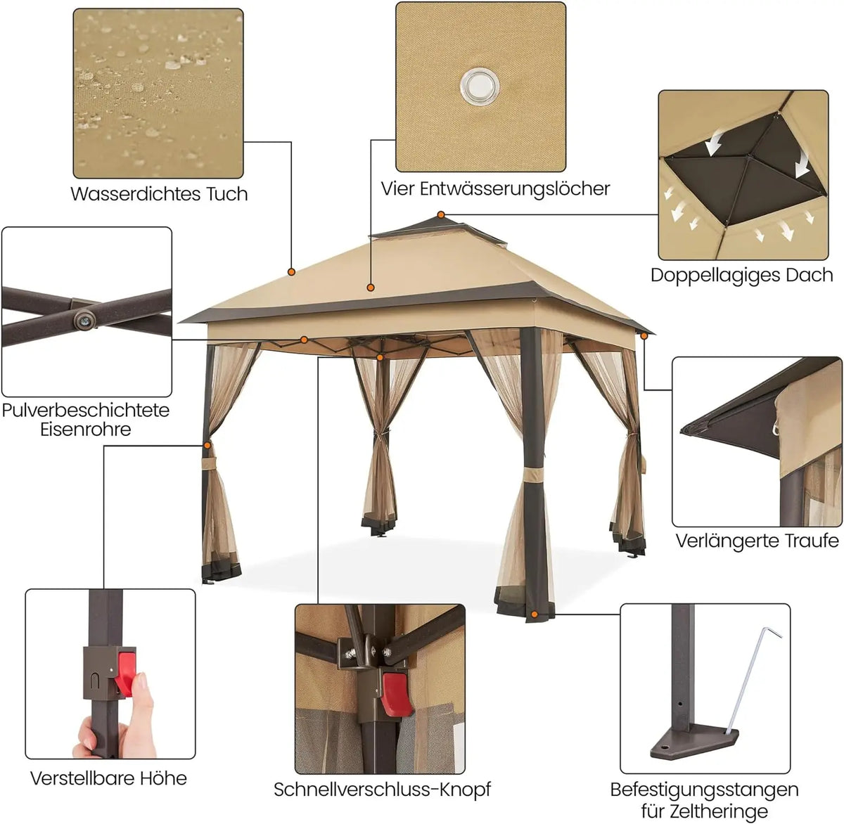 3.3x3.3m Outdoor Gazebo Canopy with 4 Detachable Mosquito Nets, UV and Rainproof Gazebo Patio Pop Up with Double Eaves Folding
