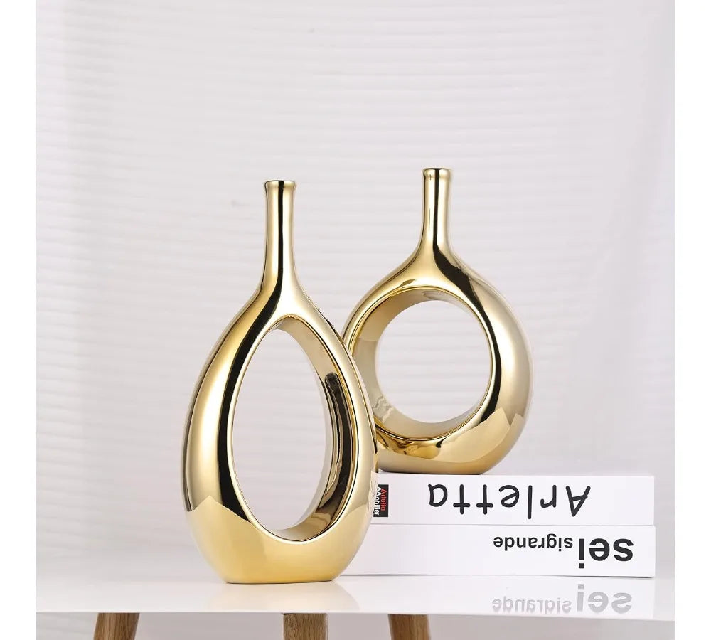 Glossy Gold Ceramic Vase Set Modern Hollow Ellipse Home Decor Centerpiece Farmhouse Rustic