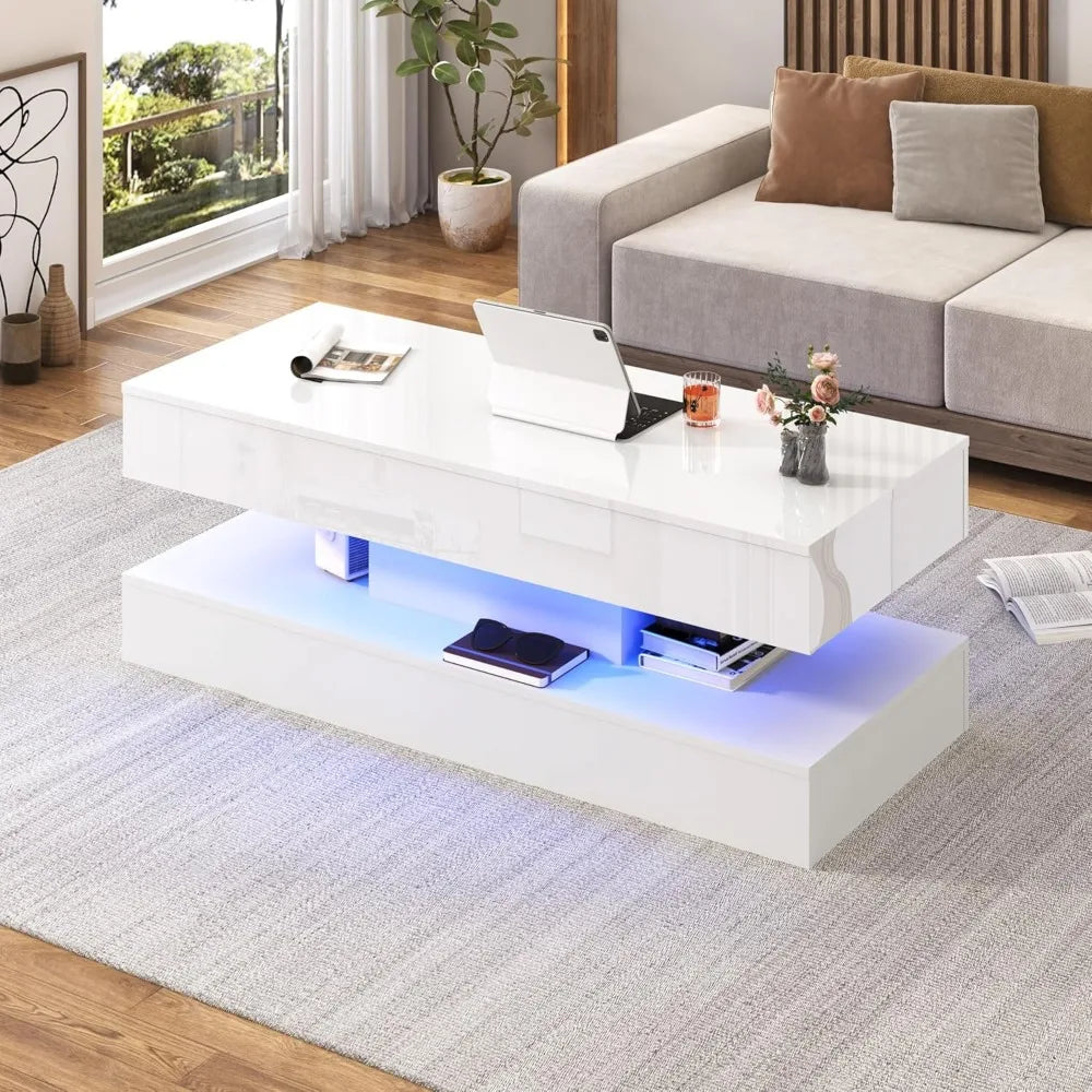 Large Modern High Gloss White Coffee Table with Lift Top and LED Lighting, Storage Drawer for Living Room