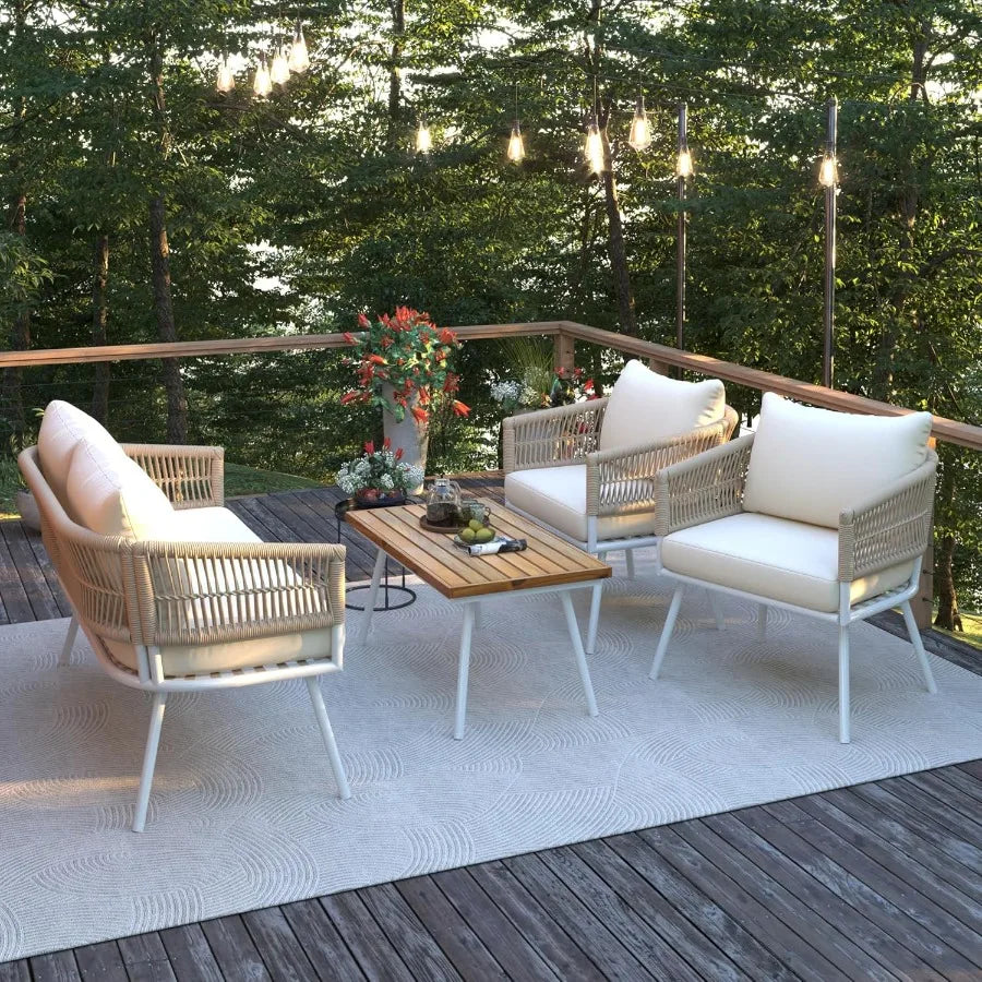 4Piece Boho Rope Outdoor Patio Furniture Set with Acacia Wood Table for Backyard Porch Balcony Beige Stylish and Durable Rattan