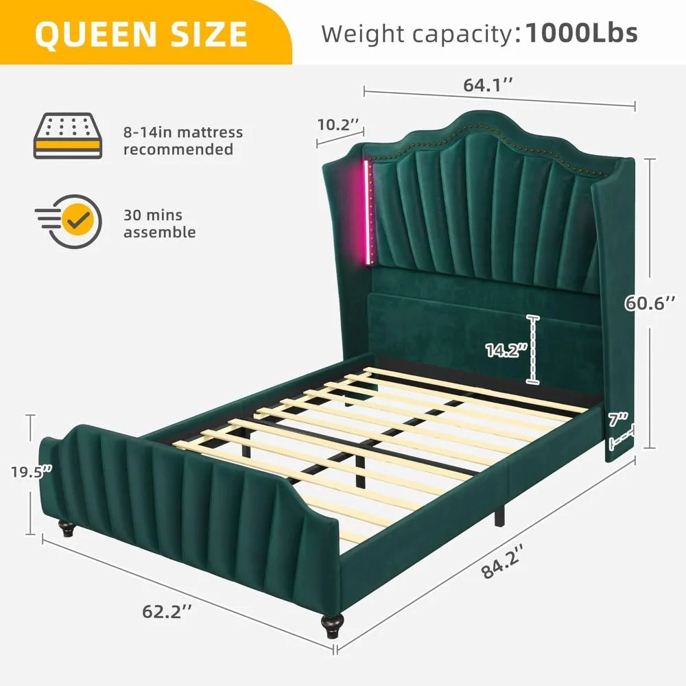 Queen Size DWVO Platform Bed Frame with 60 Tall Velvet Wingback Headboard and Footboard, LED Lighted, Solid Wood Construction