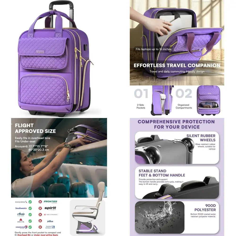 Multi-Functional 17-Inch Lightweight Rolling Underseat Carry-On Luggage with Wheels, Airline Approved Personal Item Bag for Trav