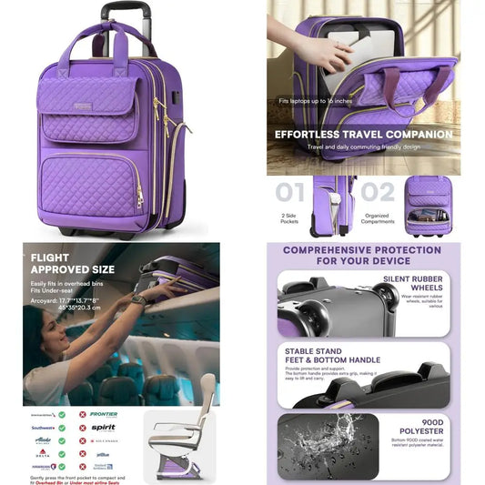 Multi-Functional 17-Inch Lightweight Rolling Underseat Carry-On Luggage with Wheels, Airline Approved Personal Item Bag for Trav