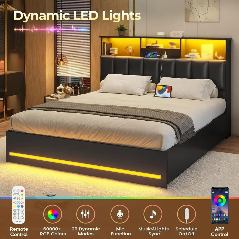 Queen Wooden Bed Frame with Bookcase Headboard, LED Lights, Charging Ports, Storage Drawers, Black