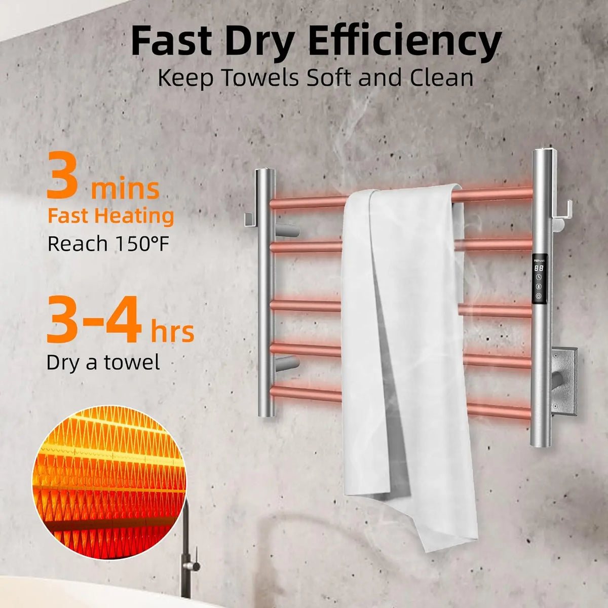 Heated Towel Rack for Bathroom,Wall Mounted Electric Towel Rack with Timer and LED Indicator, 5-Bar Towel Warmer, Stain