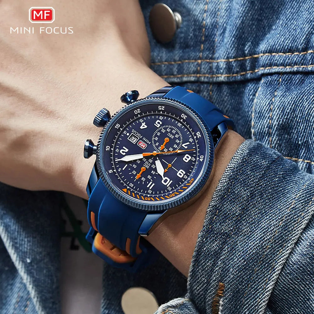 MINI FOCUS Military Sport Quartz Watch for Men Blue Silicone Strap Chronograph Luminous Wristwatch with Date Waterproof 0379