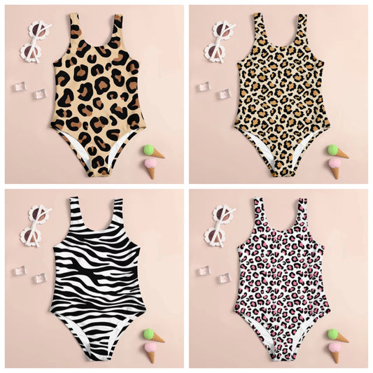 2025 Girls Summer One-Piece Swimwear Fashion Baby Cartoon Cute Leopard Print 3D Printed Women Swimwear Sling Sleeveless Swimwear