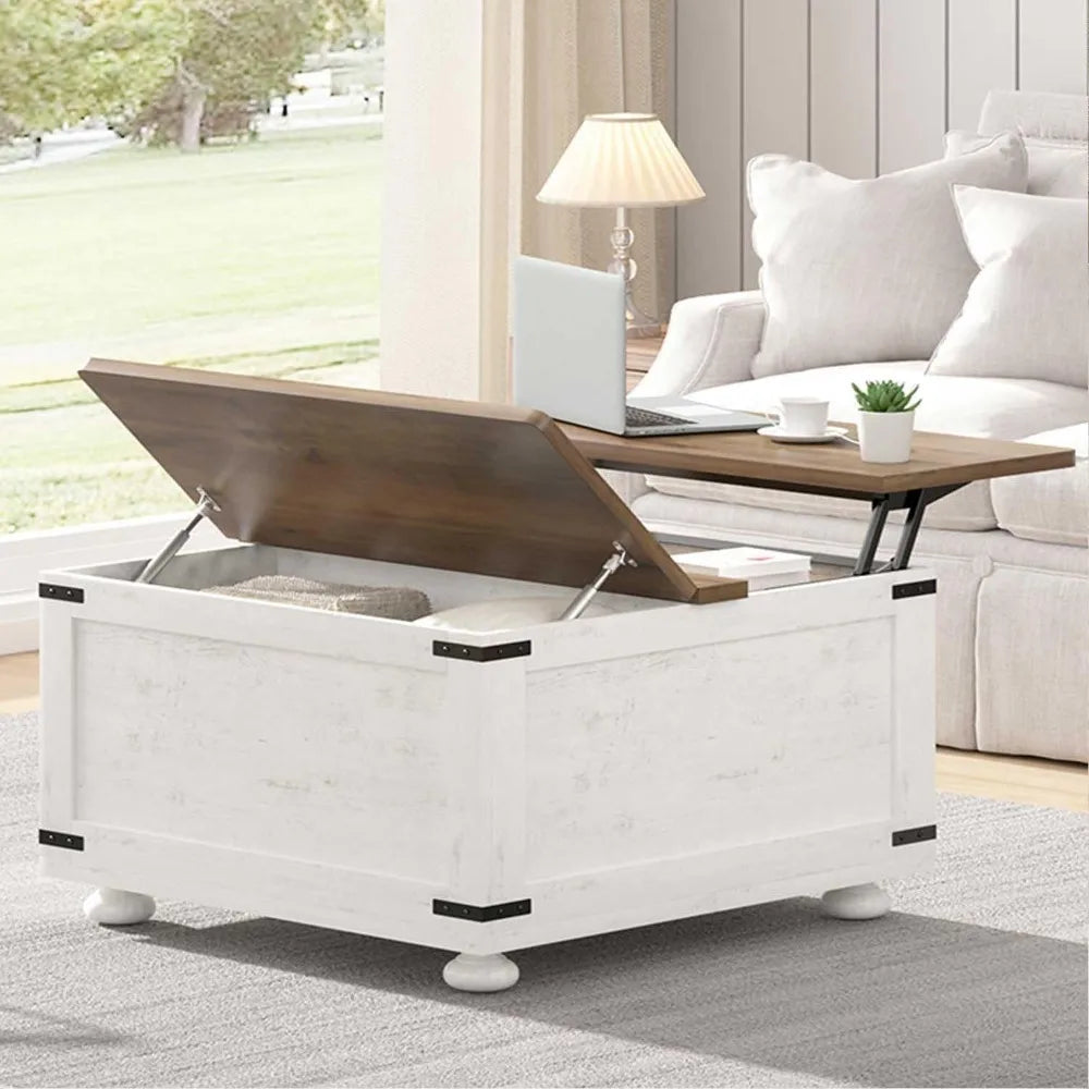 White Farmhouse Coffee Table with Storage, Square Lift Top Coffee Table with Hydraulic and Wood Gourd Feet for Living Room, Whit