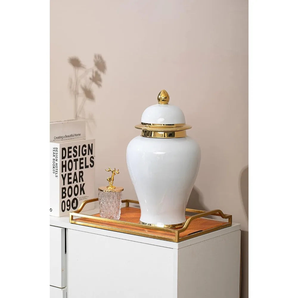 15-Inch Decorative Ginger Jar Vase with Gold Trim, Ideal for Centerpiece Table Decorations, Living Room, and Shelves