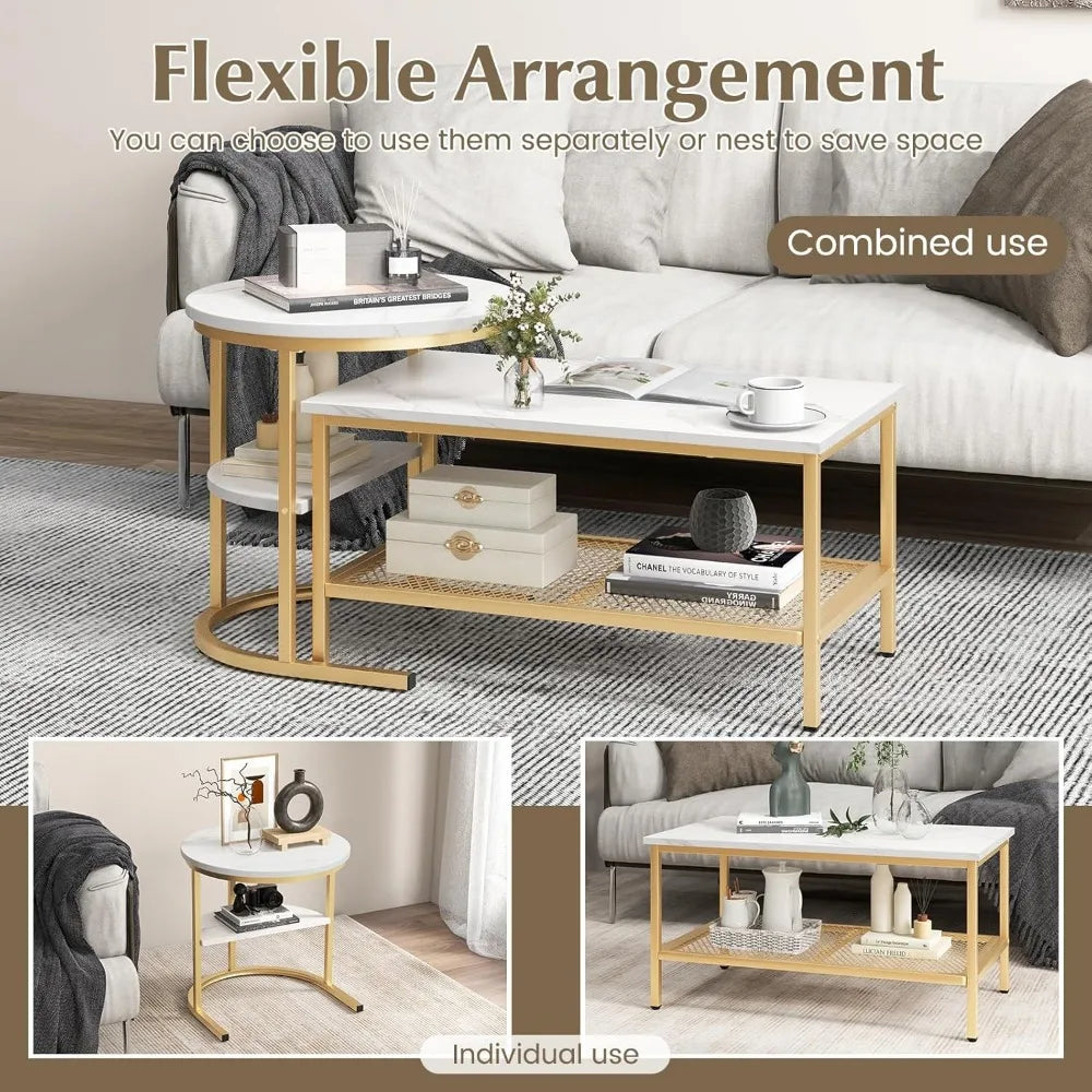 Nesting Coffee Table Set of 2, Detachable Rectangular Coffee Table & Small Round End Table Set, Faux Marble Pattern & Sturdy Me