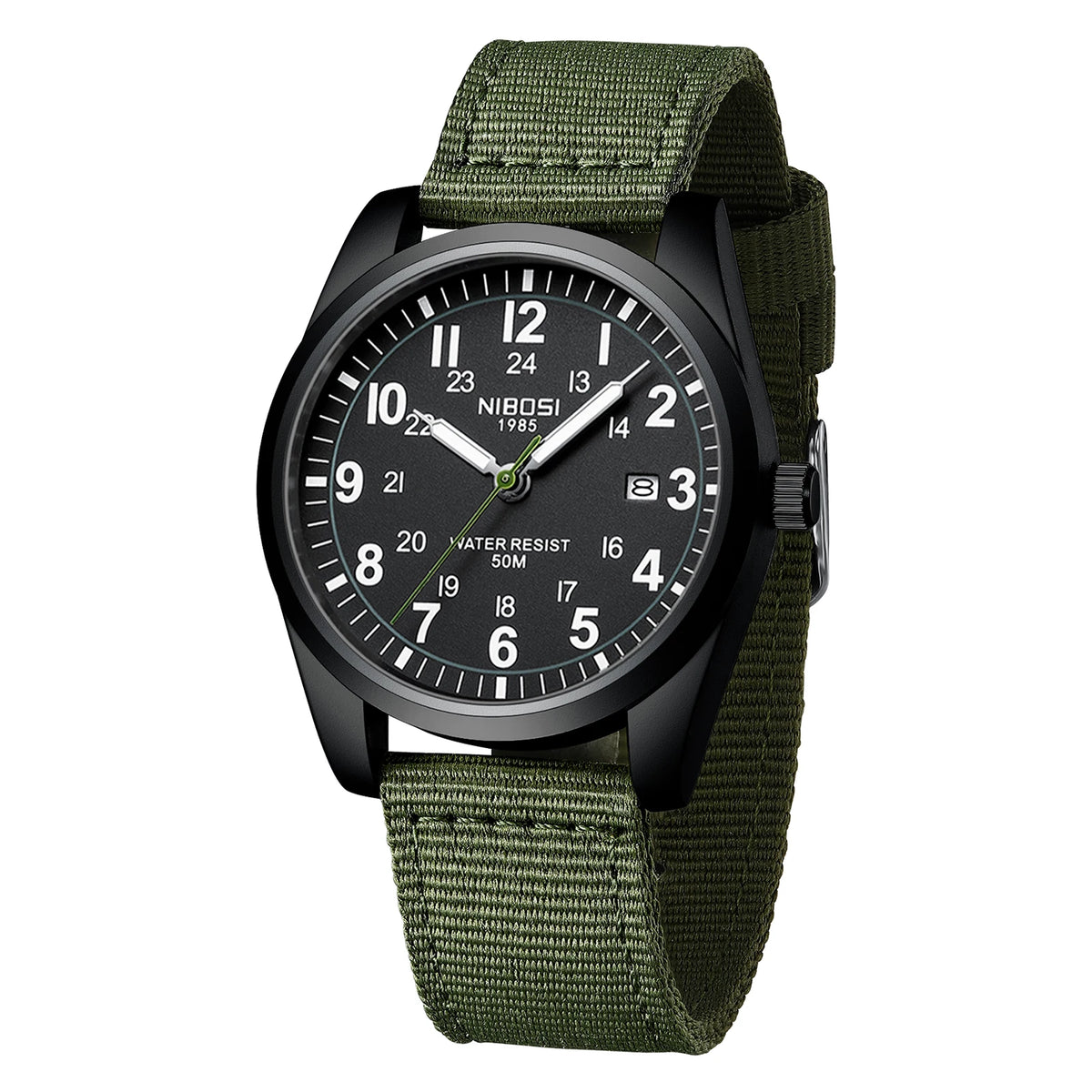 NIBOSI Mens Watches Analog Military Watch with Calendar Luminous Dial Green Nylon Strap Waterproof Men's Wrist Watches Vintage