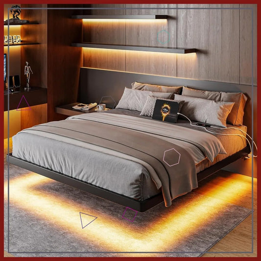 Full Size Floating Bed Frame with Charging Station, LED Lights, Heavy Duty Steel Slats, Easy Assembly in Black