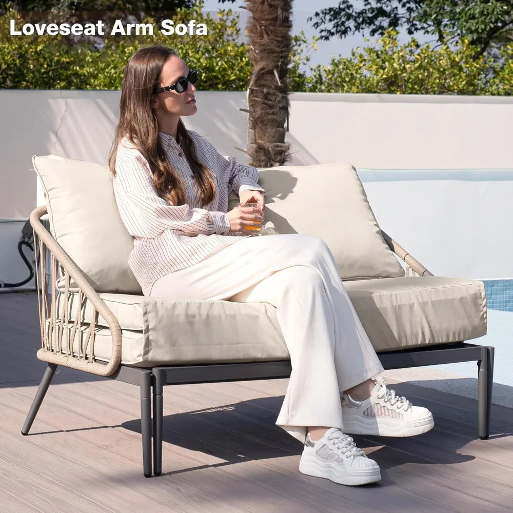 Patio Adjustable Daybed, 2-Person Outdoor Daybed with Cushions and Pillows, Woven Rope Patio Loveseat Garden Adjustable Reclinin