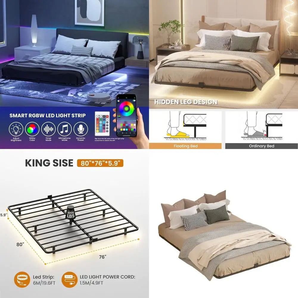 Luxury King Size LED Floating Bed Frame, Metal Platform, No Box Spring, Easy Assembly, Silent