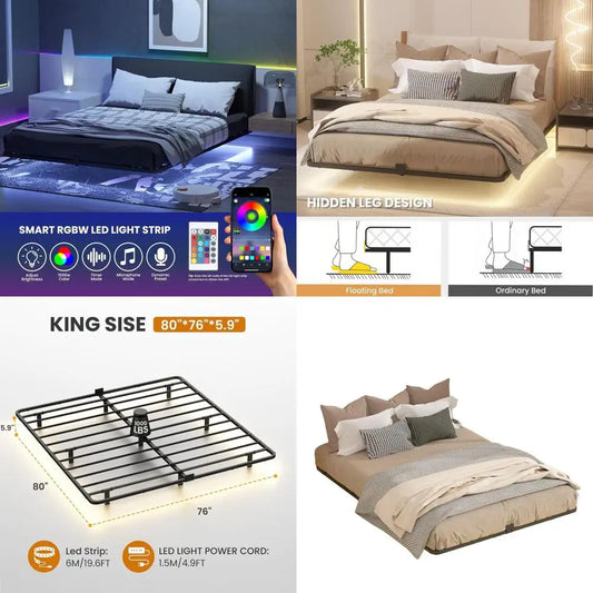 Luxury King Size LED Floating Bed Frame, Metal Platform, No Box Spring, Easy Assembly, Silent