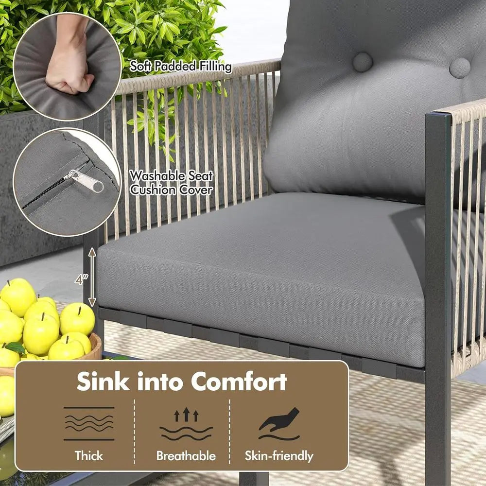 Grey Outdoor PE Rattan Sofa Set with Cushions and 2-Tier Glass Table for Patio, Garden, Balcony