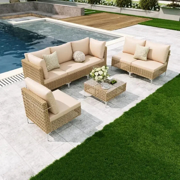 7-Piece Outdoor Conversation Set Rattan Sofa Patio Furniture with Wicker And Cushions for Garden Backyard