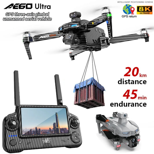 AE60 Profesional Drone with 8K HD Camera 3-axis Gimbal Aerial Photography 20KM Obstacle Avoidance  Airdrop LED Screen FPV Drones